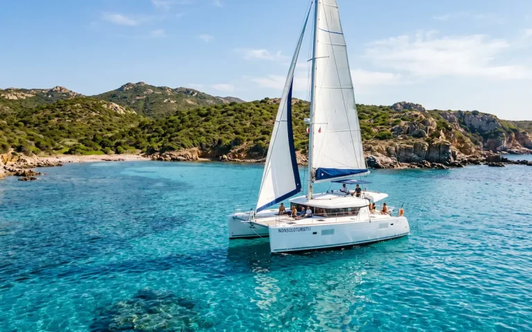 Catamarano in navigazione nel mare cristallino dell'Asinara in Sardegna per vacanze sostenibili