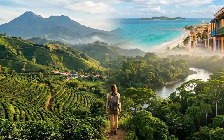 Viaggiatrice in solitaria osserva il panorama della Colombia tra piantagioni di caffè e foresta amazzonica