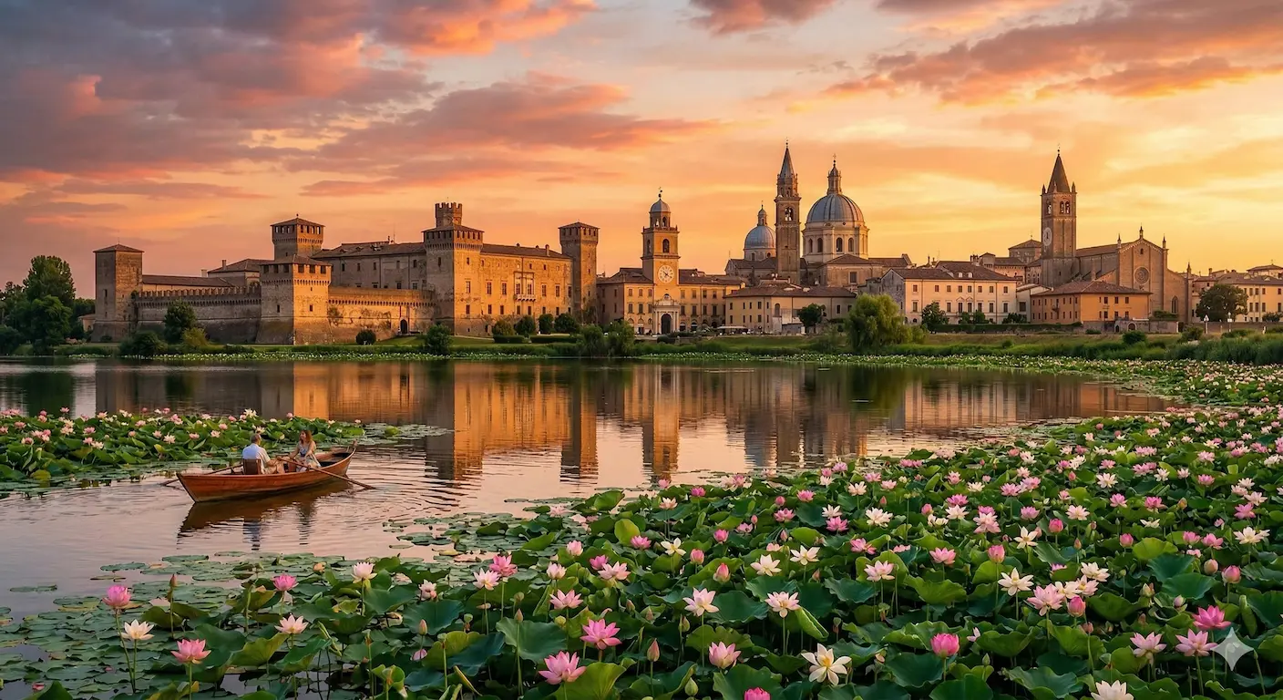 Scorcio poetico di Mantova all'alba: la reggia dei Gonzaga si specchia sul Lago Inferiore tra i fiori di loto e una nebbia leggera