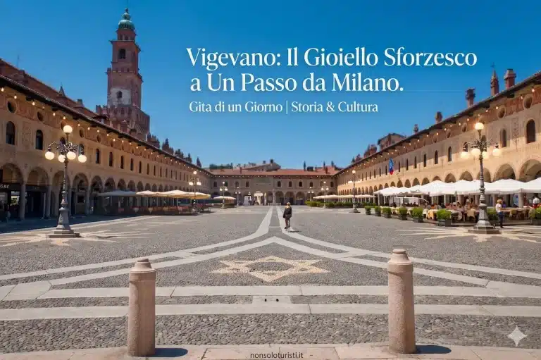 Piazza Ducale a Vigevano con vista sulla Torre del Bramante nel centro storico, ideale per una gita fuori porta vicino Milano.