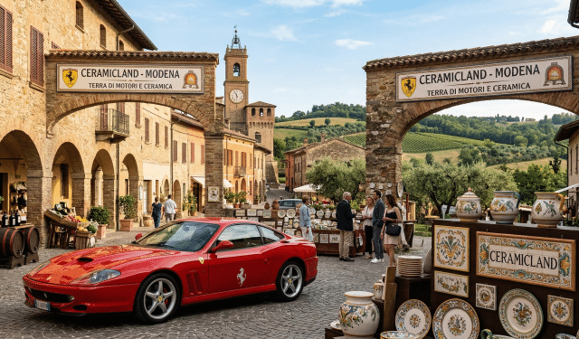 CeramicLand Modena: una Ferrari rossa parcheggiata in un borgo emiliano con esposizione di ceramiche artistiche locali.