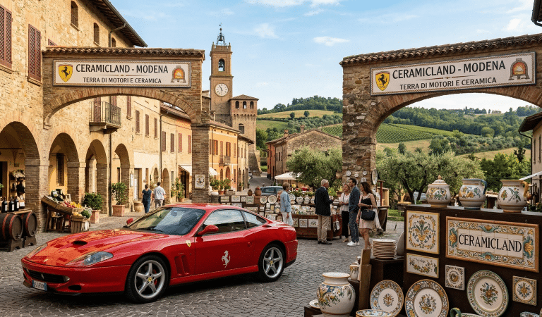 CeramicLand Modena: una Ferrari rossa parcheggiata in un borgo emiliano con esposizione di ceramiche artistiche locali.
