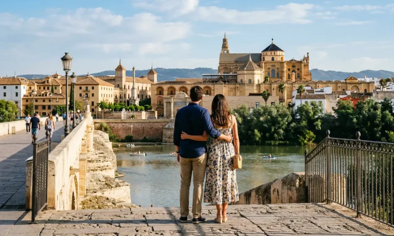 Una coppia di turisti che guarda una parte iconica di Cordoba in un giorno