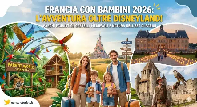 Collage di attrazioni per famiglie vicino a Disneyland Paris, tra cui Parrot World, Provins e Vaux-le-Vicomte, con una famiglia in viaggio nel 2026.