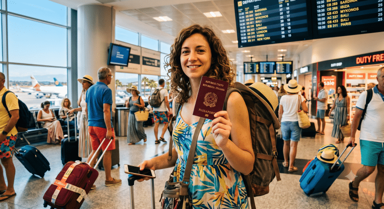 ragazza con passaporto italiano in aeroporto