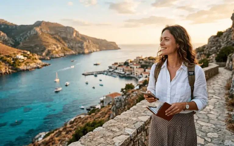 Viaggiatrice sorridente che osserva una baia mediterranea al tramonto, simbolo di sicurezza e serenità grazie a una polizza assicurativa.