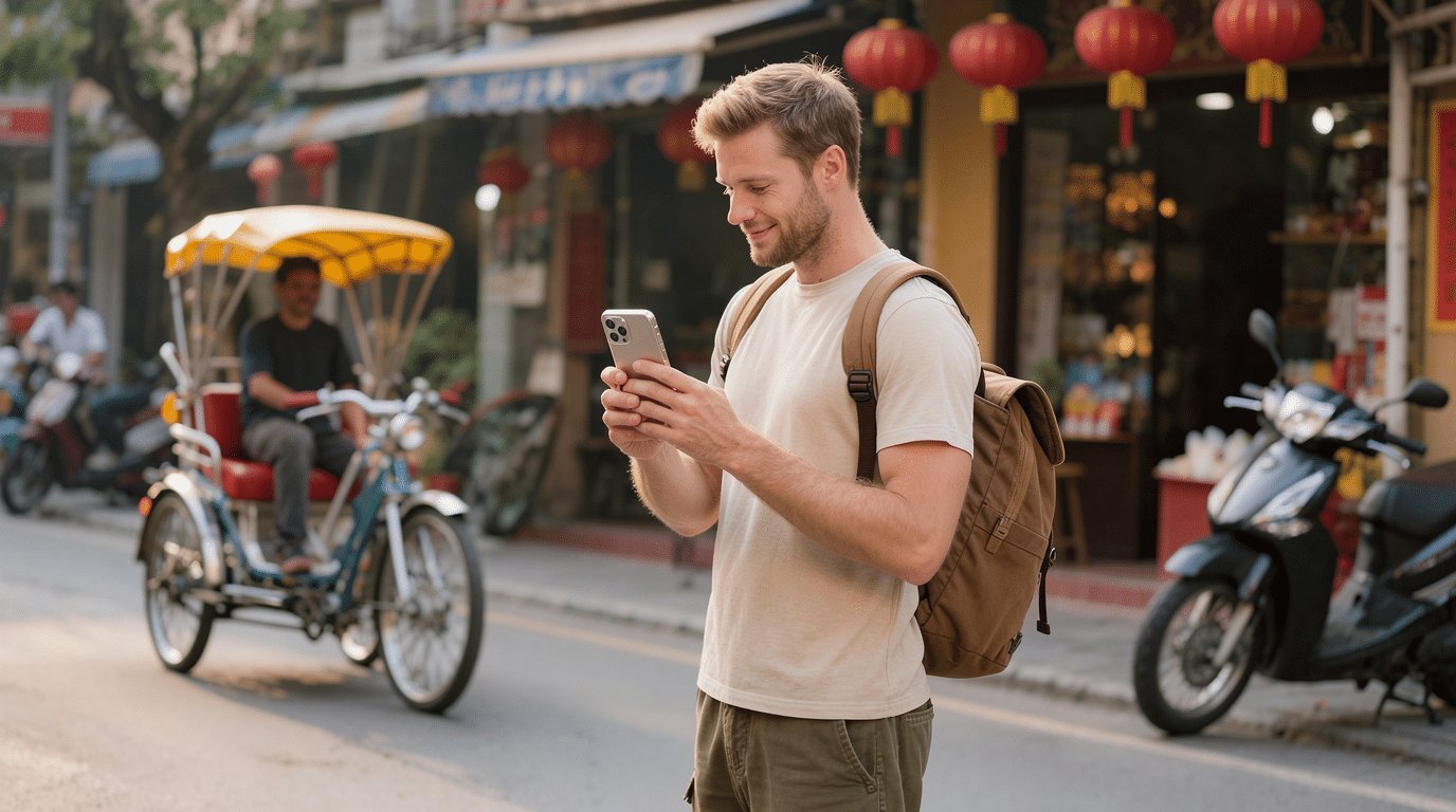 ragazzo in Vietnam con telefono in mano