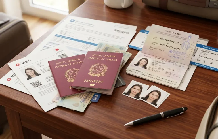 Una scrivania in legno con disposti con cura i documenti necessari per un viaggio: passaporti italiani, visti d'ingresso, fototessere aggiornate, biglietti aerei e moduli di assicurazione sanitaria. Sullo sfondo si intravede una valigia pronta per la partenza