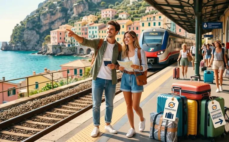 Un'immagine fotografica autentica scattata su una banchina ferroviaria italiana che si affaccia su un pittoresco villaggio costiero. In primo piano, una coppia sorridente indica il panorama, con passaporti e una mappa sgualcita in mano.