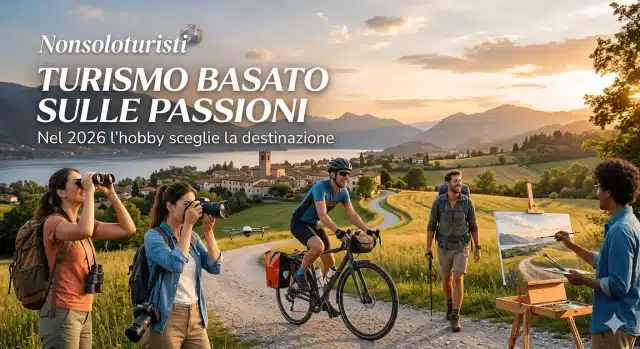Un gruppo di viaggiatori impegnati in diversi hobby (cicloturismo, fotografia, pittura e trekking) in un paesaggio collinare. In alto a sinistra compare la scritta "Nonsoloturisti - Turismo basato sulle passioni: Nel 2026 l'hobby sceglie la destinazione"