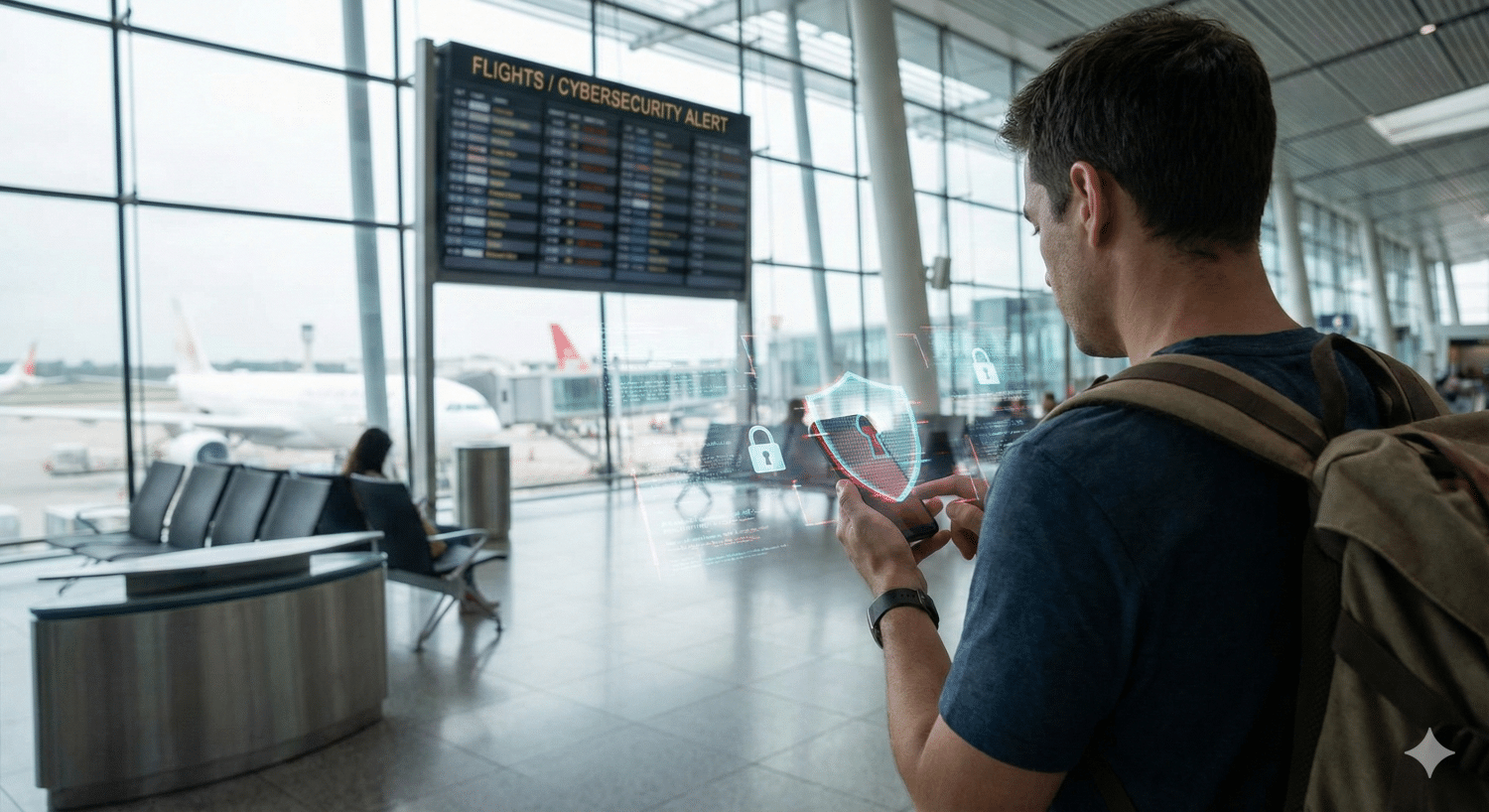 uomo al telefono in aeroporto