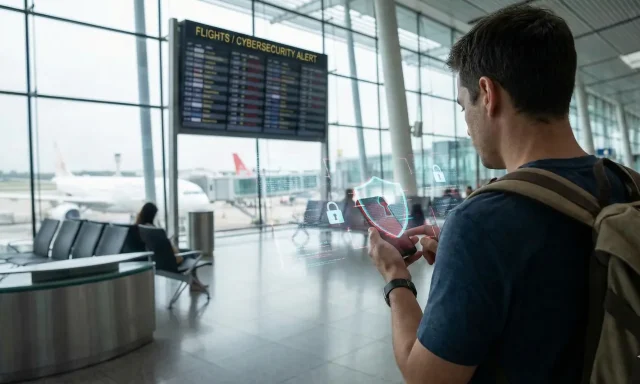 Viaggiatore con zaino in aeroporto che usa lo smartphone, dal quale emergono ologrammi luminosi di scudi e lucchetti digitali che rappresentano la cybersecurity in viaggio.