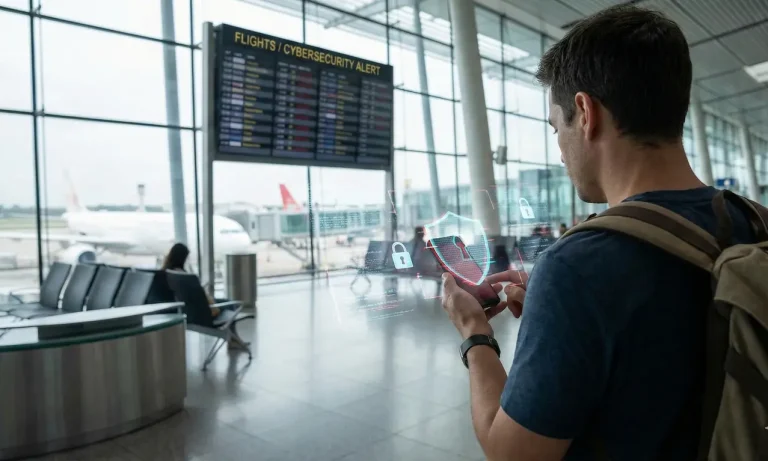 Viaggiatore con zaino in aeroporto che usa lo smartphone, dal quale emergono ologrammi luminosi di scudi e lucchetti digitali che rappresentano la cybersecurity in viaggio.