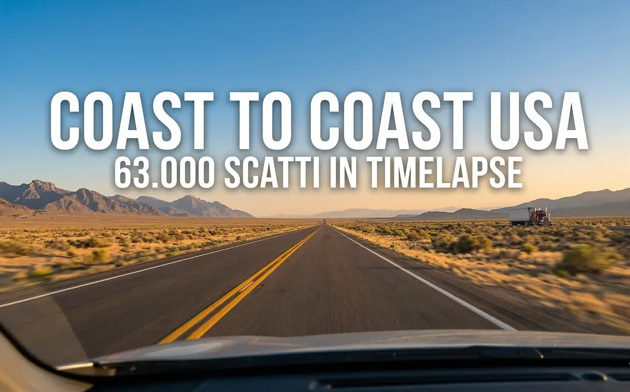 Una strada infinita nel deserto americano con motion blur, testo Coast to Coast USA 63.000 scatti in timelapse