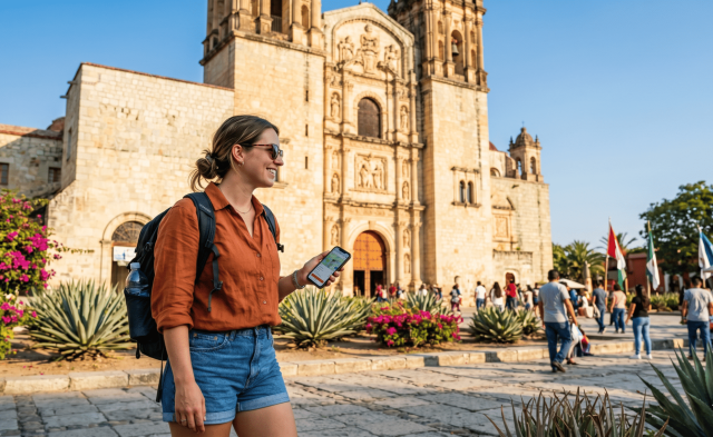 Una viaggiatrice in solitaria con zaino e smartphone in mano cammina sorridente nella piazza centrale di Oaxaca davanti a una storica chiesa coloniale in Messico.